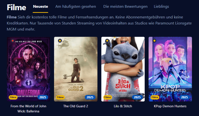 Screenshot der Benutzeroberfläche von Einschalten die eine moderne Streaming Plattform mit Filmen und Serien zeigt